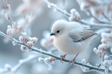 Little cute fluffy white bird in hoarfrost on a branch under the snow in the Christmas park. Bird as a symbol of Christmas and New Yearhigh