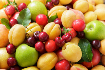 Sticker - fresh fruits as background, top view