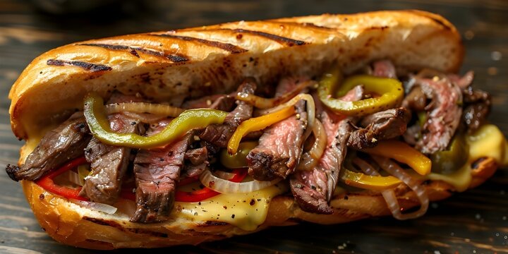 Recipe for delicious Philly cheesesteak sandwich with ribeye provolone onions peppers pickles. Concept 1, Season and grill thinly sliced ribeye steak.2, Sautee onions, peppers in oil until soft.3