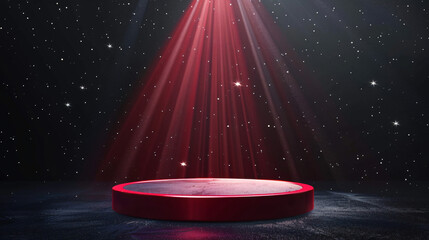 Poster - Red illuminated empty stage with a cosmic starry sky backdrop, ideal for product display