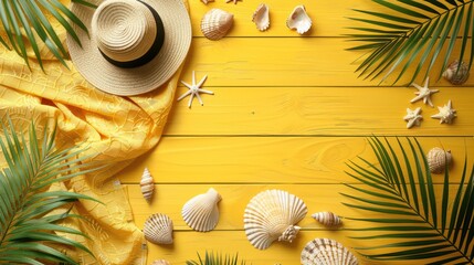 Wall Mural - Summer Beach Essentials - Yellow Wooden Plank with Hat, Towel, Flip Flops, Seashells, and Palm Leaves