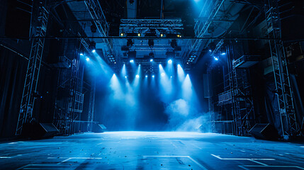 Poster - Concert stage set with dynamic blue lights and atmospheric smoke before the show begins