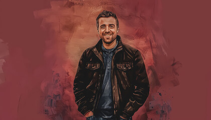 Wall Mural - A man is smiling and standing in front of a red background