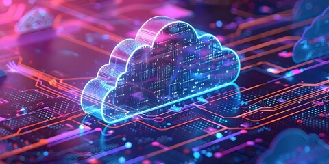 Poster - modern cloud technologies in neon colors isometric network devices in cyber space. concept cloud com
