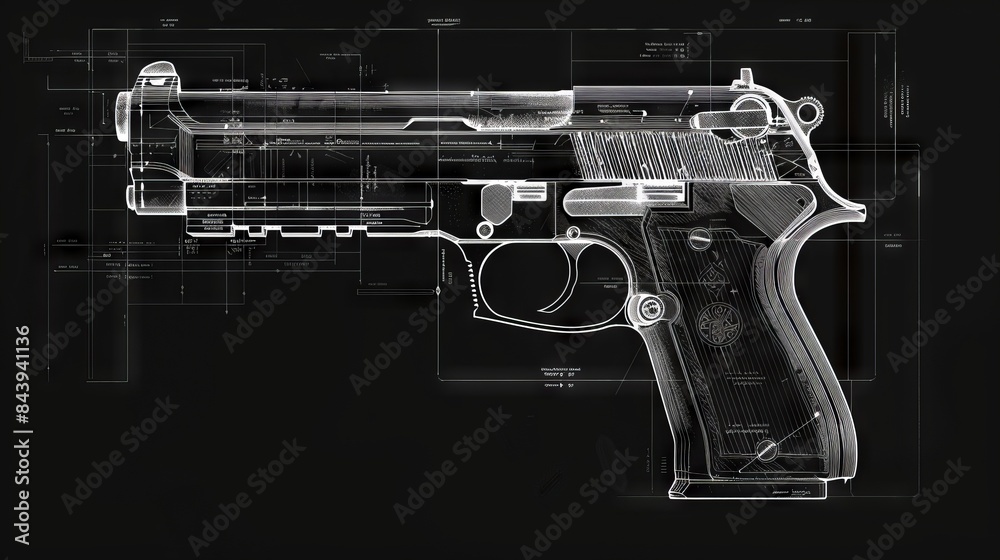 Detailed Blueprint Illustration of a Handgun With Engineering Lines ...