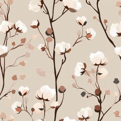 Wall Mural - Cotton flowers and cotton branches vector seamless pattern on a pastel background. An abstract texture with a blooming plant and white boll for textile design.  
