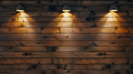 Canvas Print - Planks brown wooden panel wall with two dimming downlight lights