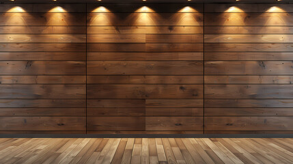 Canvas Print - Planks brown wooden panel wall with two dimming downlight lights