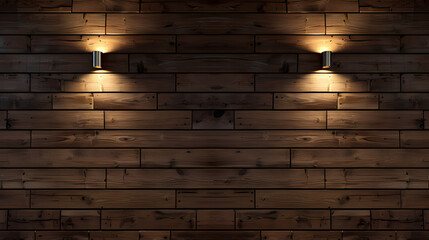 Canvas Print - Planks brown wooden panel wall with two dimming downlight lights