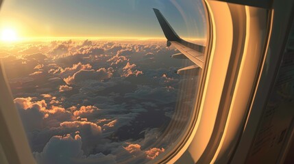 Sticker - View from an airplane window during either sunrise or sunset, with the sun low on the horizon, casting a warm glow over the clouds