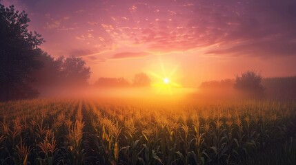 Poster - A picturesque sunrise illuminates the cornfield with a radiant warm glow