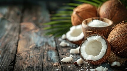 Whole and cut coconut with a bowl of salt and palm leaves. Spa coconut product banner with copy space for add text.