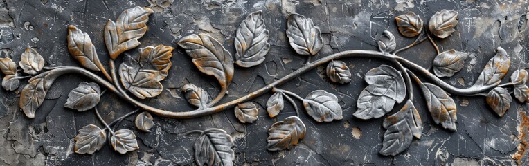 Wall Mural - Worn Anthracite Gray Vintage Floral Patchwork Tiles on Cement Wall Texture Background