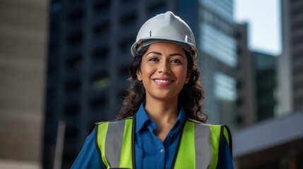 Poster - A smiling Hispanic female engineer standing proudly in front of a half-built skyscraper, wearing a hard hat and reflective vest.