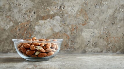 Wall Mural - Close-Up of Almonds in Glass Bowl on Concrete Background