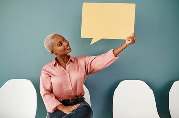 Wall Mural - Mockup, speech bubble and smile with business black woman in waiting room for human resources interview. Advertising, blue background or marketing and employee with space on poster for information