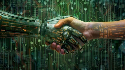 Poster - A handshake between a human and a robot, with binary code and circuit boards forming the background, signifying a human-AI collaboration.