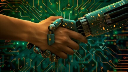 Poster - A handshake between a human and a robot, with binary code and circuit boards forming the background, signifying a human-AI collaboration.