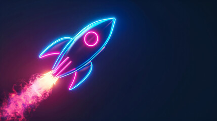 Vivid neon illustration of a rocket blasting off with dynamic light effects