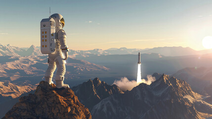 Aufkleber - Futuristic image of an astronaut watching a rocket ascend from a rugged mountain landscape at sunset