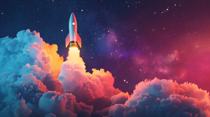 Aufkleber - Vibrant digital artwork of a rocket ascending through colorful clouds into the starry space