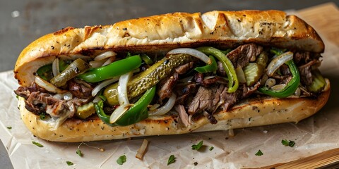 Wall Mural - The Classic Philly Cheesesteak Ribeye with Pickles, Green Peppers, Onions, Provolone on a Crisp Roll. Concept Food, Sandwich, Cheesesteak, Philly, Delicious