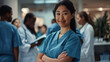 © Anna - Asian female healthcare professional wearing blue scrubs stands, with her arms crossed, and smiles at the camera.blurred figures of other medical staff can be seen, indicating a hospital or clinic