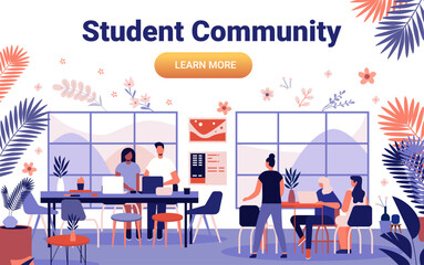 Poster - Student community working in a modern cozy room with large windows plants and floral decor people collaborating at tables with laptops
