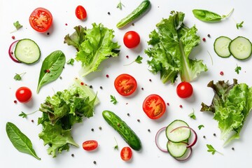 Wall Mural - Delicious fresh salad with leaves, tomatoes and cucumber on a white background in a top view. A healthy food concept.