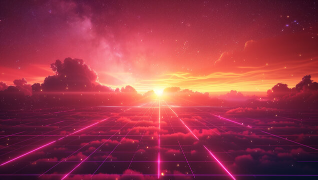 Synthwave landscape with neon grid, clouds, and sunset, 80's retrowave scene illustration