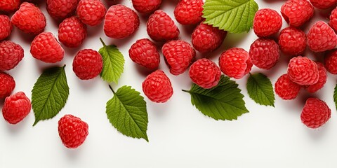 Many raspberry berries with leaves on a blank empty white space mock up decoration background