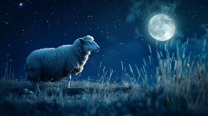 Wall Mural - A sheep in a blue night against the moon. Scene of greetings for Eid Al-Adha