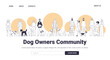 © mast3r - Dog owners with various breeds standing together minimalist line art style orange circular backgrounds community theme pet lovers