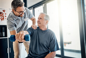 Weight, senior man and physiotherapy with helping, wellness and client assessment at doctor. Consultation, rehabilitation and arm exercise from physical therapy and recovery of patient with care