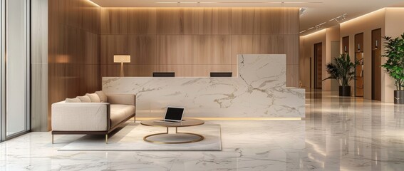 Wall Mural - Elegant modern luxury reception area of medical clinic with beige and white marble, sofa in corner, laptop on coffee table, minimalistic interior design.