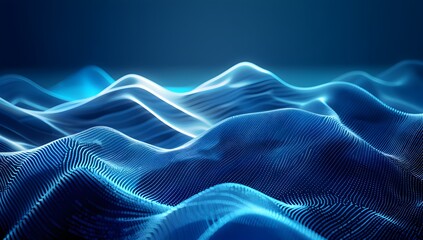 Aufkleber - Abstract background with blue waves of digital lines and dots, soft light and glow effect on the surface of flowing wavy hills

