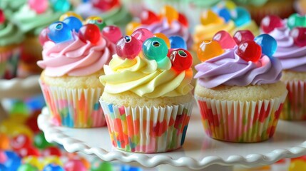 Wall Mural - Colorful homemade birthday cupcakes topped with jelly candy