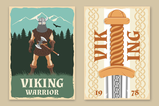 Set of viking warrior retro posters. Vector illustration. Flyer, brochure, banner template design with a viking in helmet with battle Double Axe and sword