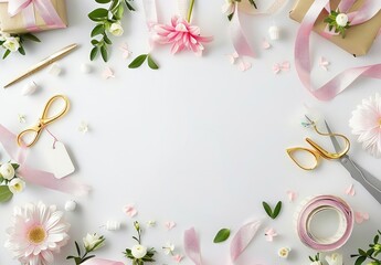 Wall Mural - flat lay composition of craft materials for gift wrap on white background with empty space in the center, golden scissors and paper tag, pink ribbon, candles, flowers and decorative elements,  