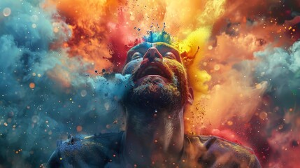 Wall Mural - A dynamic photo capturing a man with a burst of colorful Holi powder against a backdrop of fiery explosion and sparks