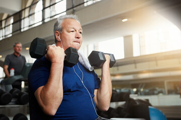 Mature man, fitness and weightlifting with dumbbells for workout, training or indoor exercise at gym. Male person with small weight or earphones for strength, muscle gain or music at health club