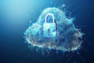 Futuristic Cloud security concept with glowing low polygonal cloud hi tech, mechanical technology symbol and padlock with access isolated on bright blue background. contemporary wireframe mesh