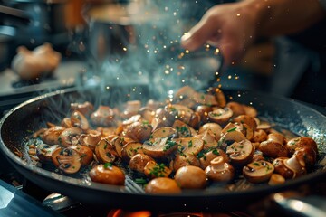 Wall Mural - Chef Sautéing Mushrooms and Garlic for Vegan Dish