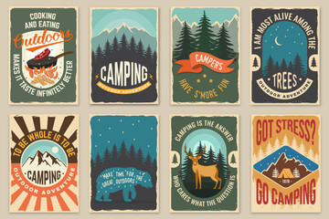 Wall Mural - Set of Summer camp quotes patches. Vector. Design with rv trailer, camping tent, forest, bear, deer, mountains, axe and campfire.