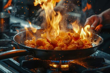 Wall Mural - Chef Sautés Shrimp in a Flaming Pan