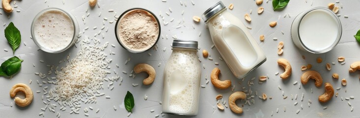 Wall Mural - Food photo, flat lay of different types of plant-based milk in glass bottles surrounded by cashews, rice particles and golden fillets on a light grey background, professional food 