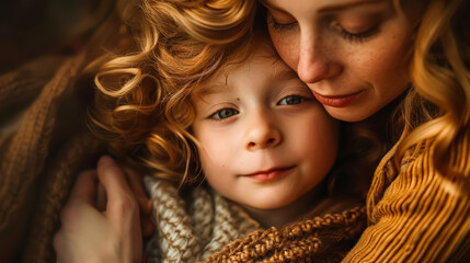 Wall Mural - A woman is holding a child with a scarf around their neck. The child has a smile on their face, and the woman is looking at the camera. Concept of warmth and affection between the mother and child