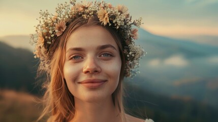 Poster - A woman wearing a flower crown on her head is smiling in a field of grass, showcasing a happy and fun headpiece at an event. The flower is a fashion accessory that adds to her joyful expression AIG50