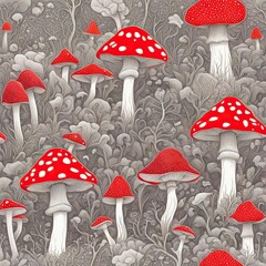 Wall Mural - A beautiful mystical fly agaric in a mysterious forest. Wonderful Amanita in the fog.