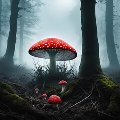 Wall Mural - A beautiful mystical fly agaric in a mysterious forest. Wonderful Amanita in the fog.